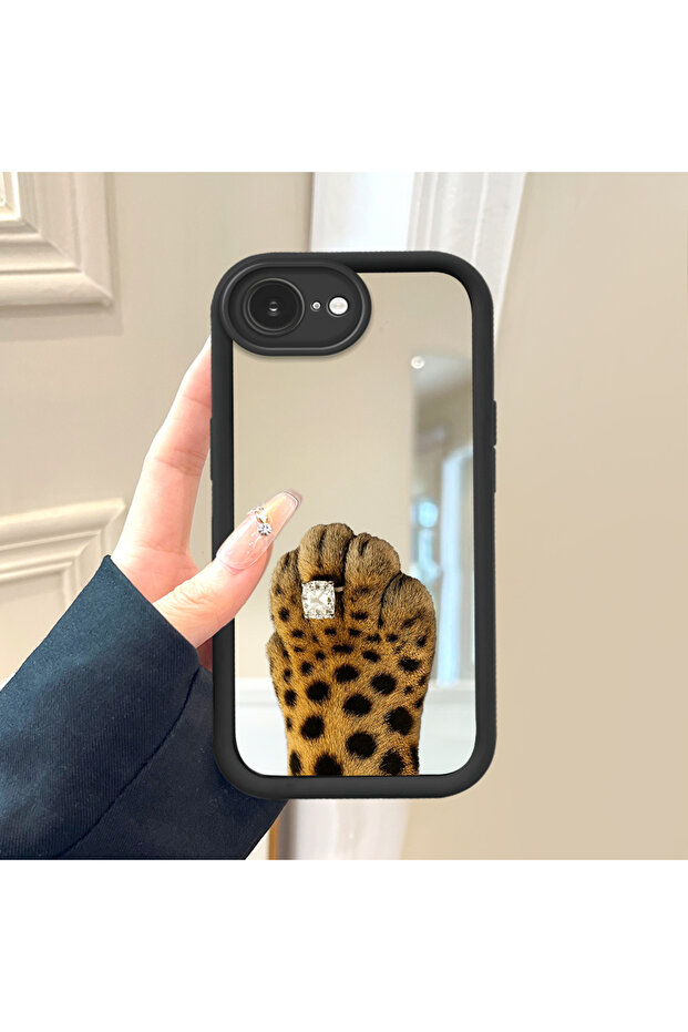 حافظة سيليكون سوداء مقاومة للسقوط متوافقة مع آيفون 16e مع نمط الفهد وسطح مرآة - 2