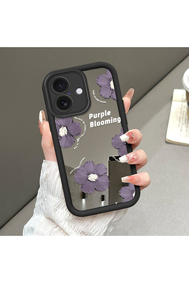 حافظة سيليكون سوداء مقاومة للسقوط متوافقة مع هاتف iPhone 16 بأنماط زهور ذات وجه مرآة - 1