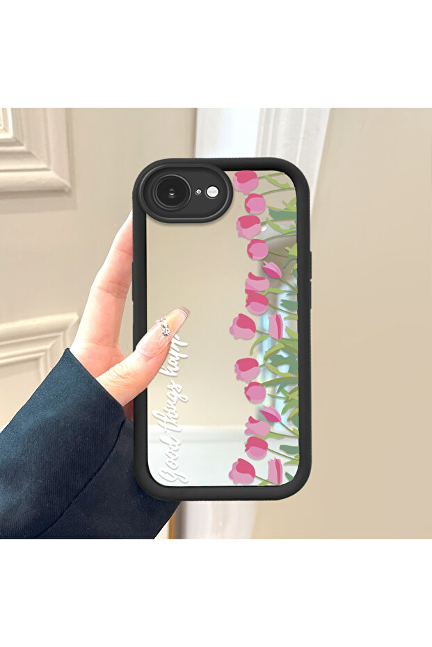 حافظة سيليكون سوداء مقاومة للسقوط متوافقة مع iPhone 16e بأنماط زهرة التوليب ذات الوجه المرآة - 2
