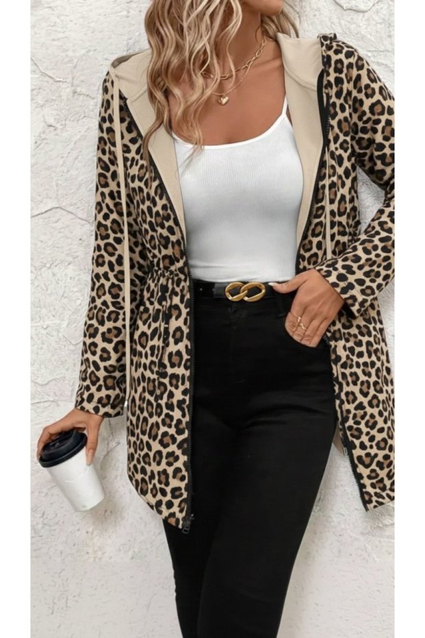 Women's Hooded Double-Sided Lace-Up and Zippered Viscose Two-Thread Fabric Jacket