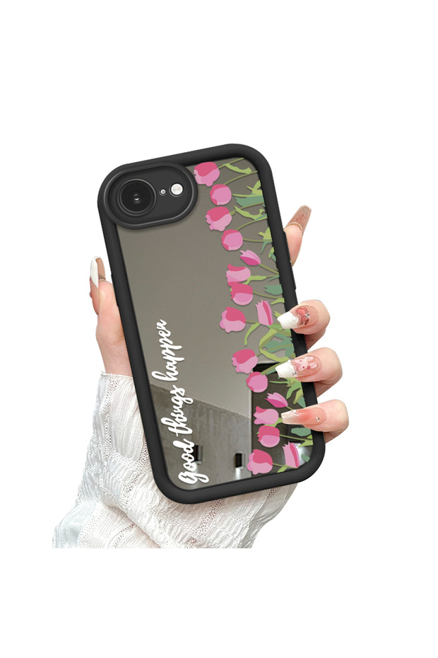 حافظة سيليكون سوداء مقاومة للسقوط متوافقة مع iPhone 16e بأنماط زهرة التوليب ذات الوجه المرآة - 3