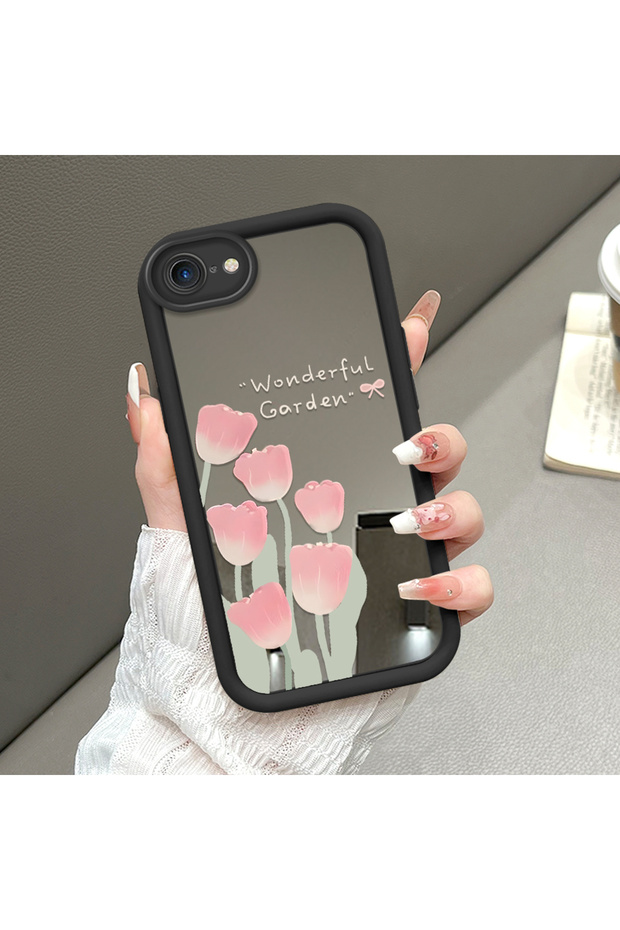 iPhone 7/8/Se 2020 2022 Compatible Mirror Phone Case Black Silicone Protected Tulip Patterns