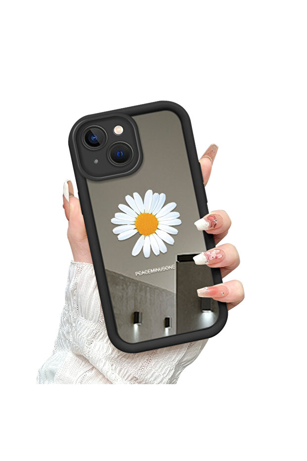 حافظة من السيليكون الأسود المتوافقة مع هاتف iPhone 14 Plus، مقاومة للسقوط، بأنماط زهور ذات وجه مرآة - 3