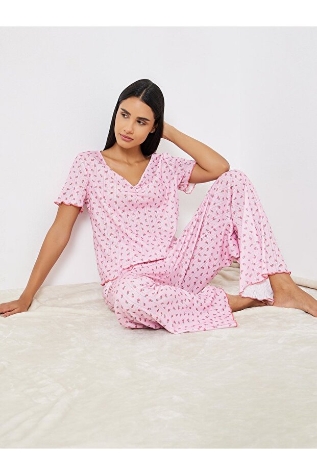 Ditsy Floral Pointelle Dropped Shoulder T-Shirt and Wide Leg Pyjama Set