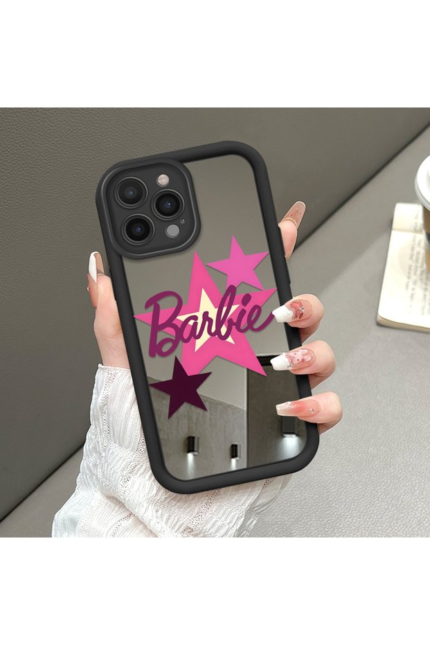 iPhone 14 Pro Compatible Drop-Resistant Black Silicone Case with Mirror Face Barbie Patterns
