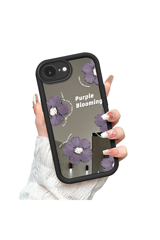 حافظة سيليكون سوداء مقاومة للسقوط متوافقة مع iPhone 16e بأنماط زهور ذات وجه مرآة - 3