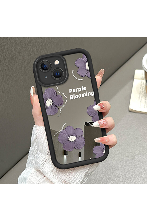 حافظة من السيليكون الأسود المتوافقة مع هاتف iPhone 14 Plus، مقاومة للسقوط، بأنماط زهور ذات وجه مرآة - 1