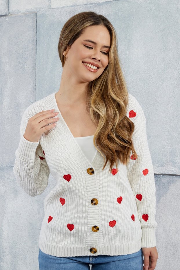 Women's Knitwear Cardigan Heart Embroidered Standard Size Ecru