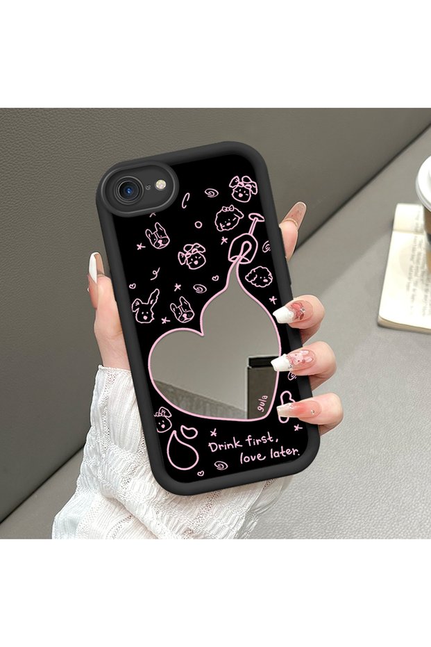 Mirror Phone Case Compatible with iPhone 7/8/Se 2020 2022 Black Silicone Protected Heart Patterns