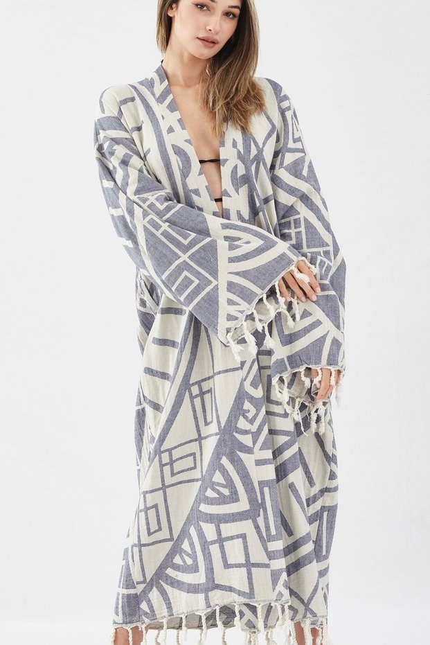 Organic Cotton Woven Design Long Kimono | Beach Wear