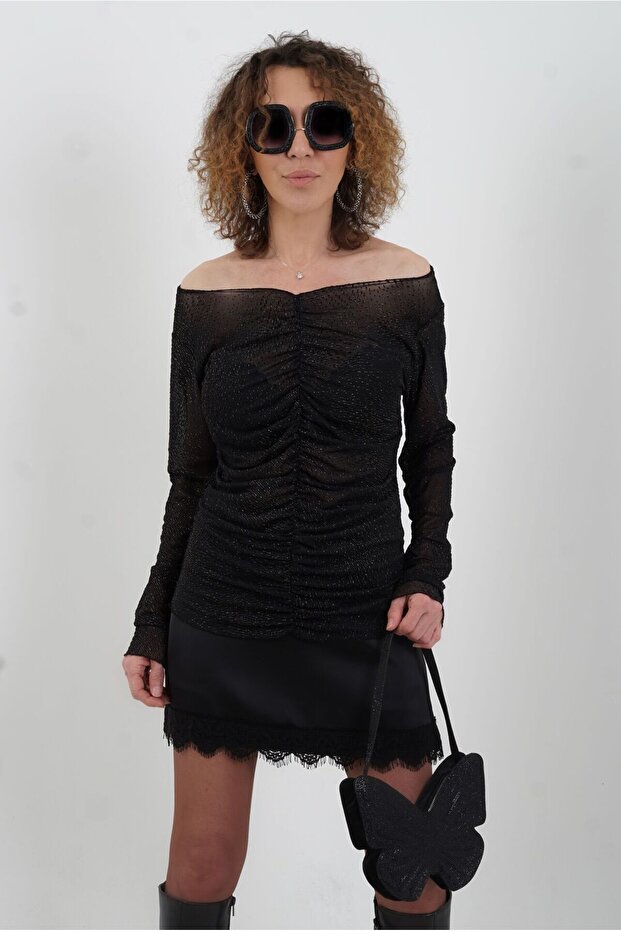 Black Gathered Front Glitter Tulle Blouse