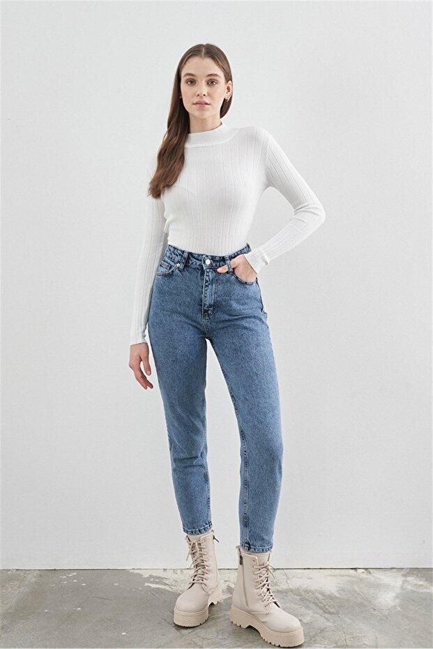 Ns-81405 Double Kar Blue Mom Jeans Stretch Fabric High Waist Washed Denim Pants Extra Comfortable