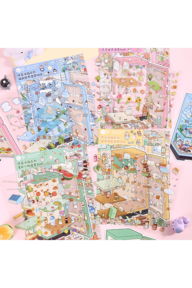 full set Kawaii Surprise refrigerator 3D Cool in summer Landscape Sticker DIY Pocket Cabin Scene Ch