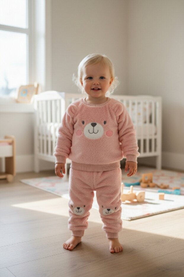 Girl's Welsoft Bear Eared Winter Pink Set Bottom Top