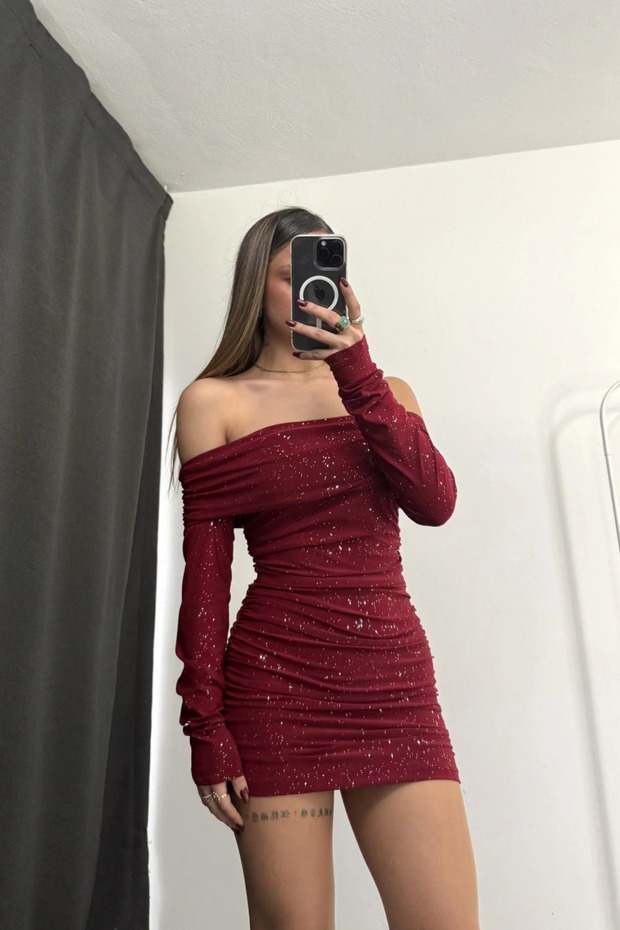 Simli Madonna Yaka Mini Elbise - 4