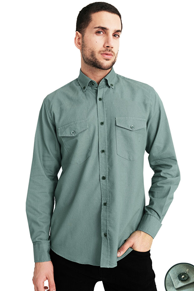 Çağla Yeşili Men's Stretch Fabric Denim Shirt Double Pocket Flap Long Sleeve Comfortable Fit