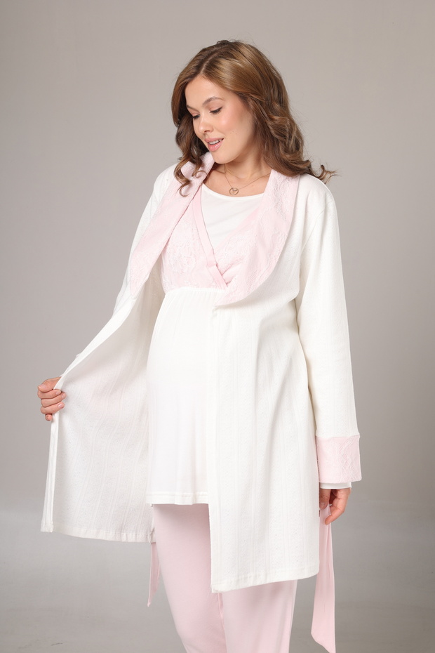 Elegant Detailed Double-Breasted Cut Maternity & Postpartum Set - 3-Piece Set with Dressing Gown