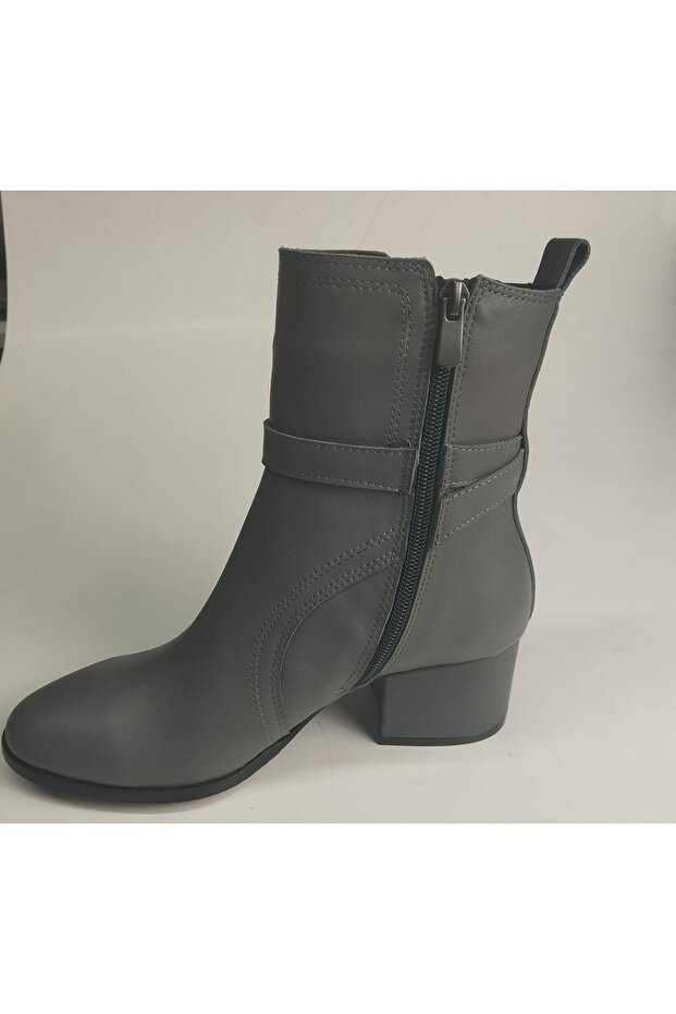 Women's Genuine Leather Gray Leather Heeled Boots