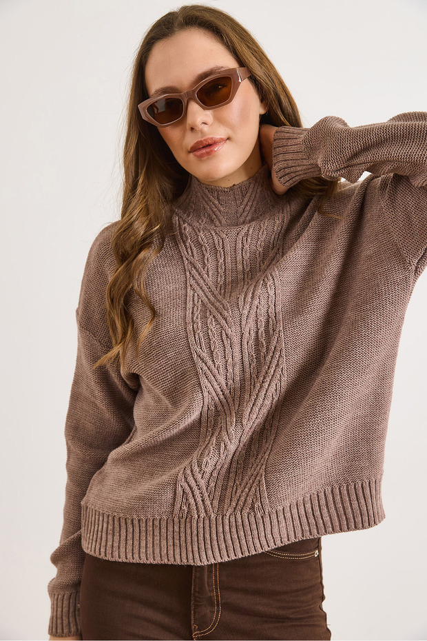 Women's Mink Mock Neck Medium Hair Braided Knitwear Sweater Kzk-19000912