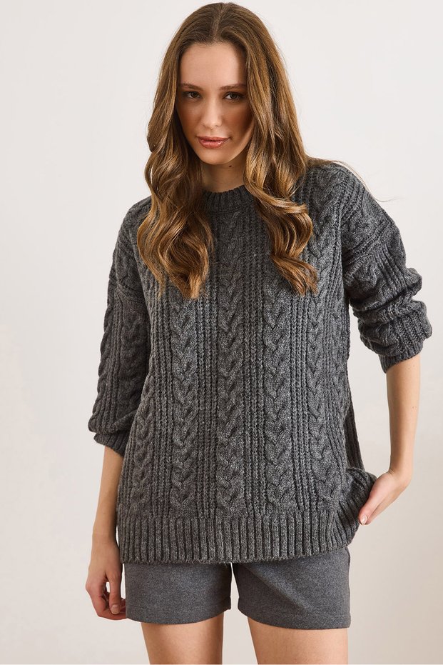 Women's Smoked Thick Hair Braided Oversized Knitwear Sweater Kzk-19000986
