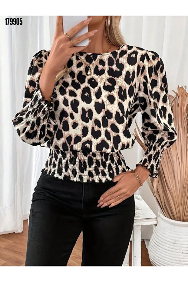 New Season Women's Leopard Pattern Modal Blouse Long Sleeve Crew Neck
