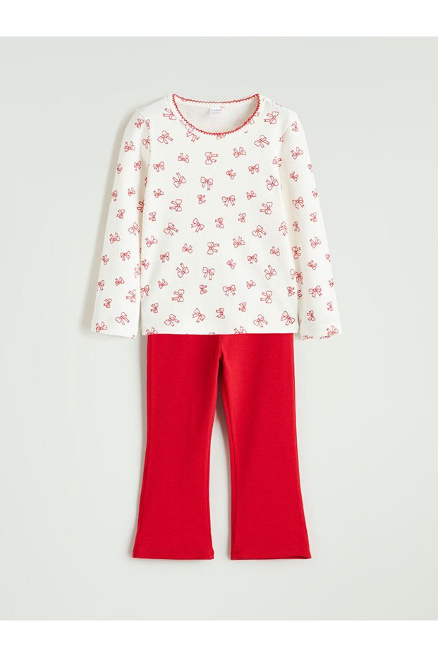 Ribbon Printed Girls Corded Fabric Blouse and Leggings