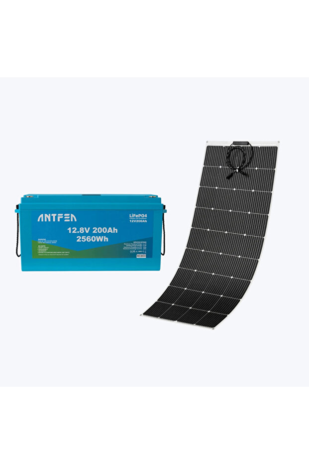 Antfea 12.8V 200Ah ABS Lityum Akü Akıllı Ekran Bluetooth LiFePo4 + 200W Esnek Güneş Paneli