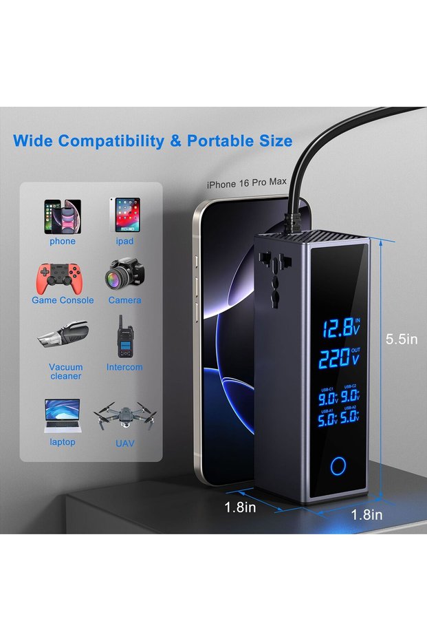 150W Car Power Inverter: 220V AC Outlet, Dual PD 30W & QC 3.0 Fast USB Charger