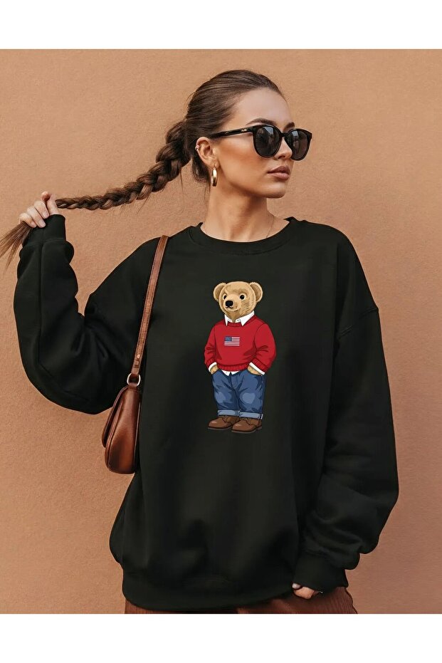 Bear Printed Oversized Cut Long Sleeve Organic Cotton Sweatshirt