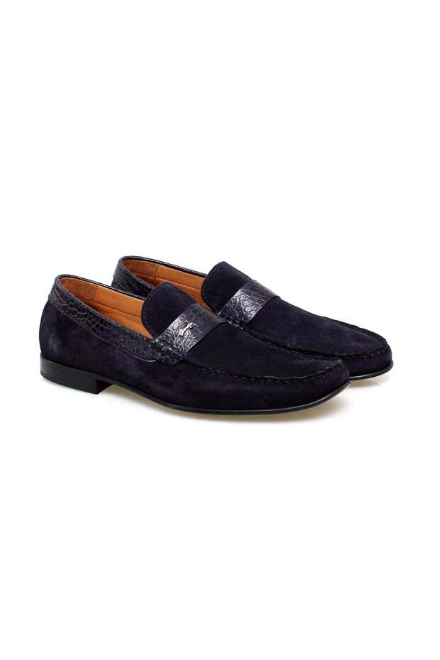 Dark Blue Color Laceless Genuine Leather Suede Men's Shoes
