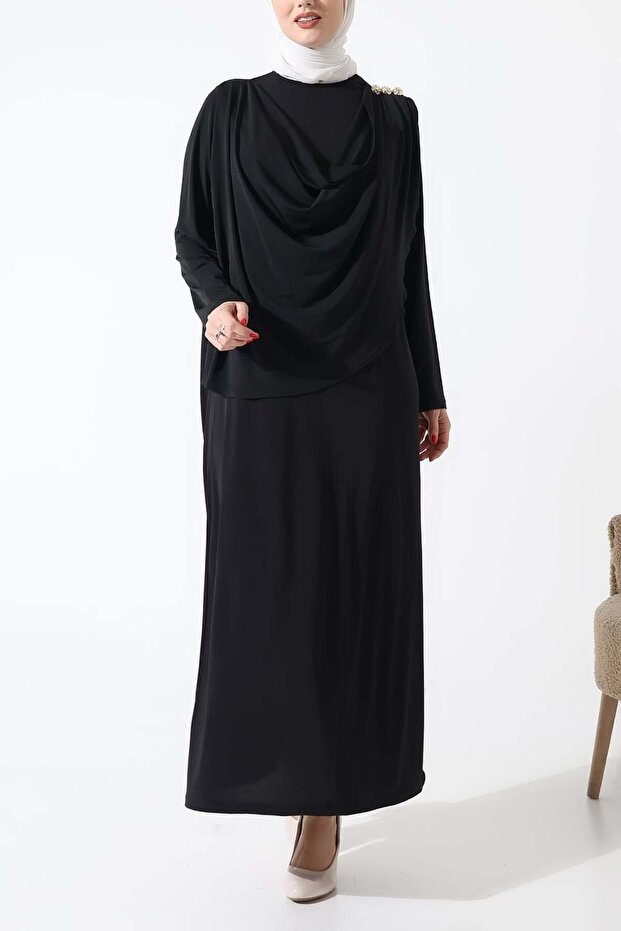 Sandy Draped Shoulder Button Detailed Long Dress