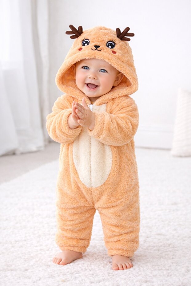 Sweet Hooded Deer Figured Plush Baby Romper