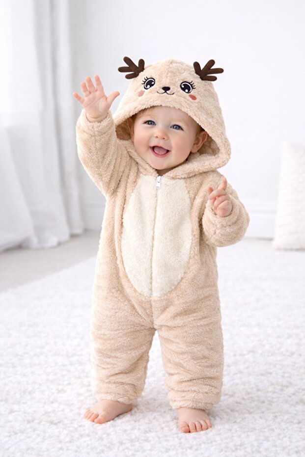 Sweet Hooded Deer Figured Plush Baby Romper