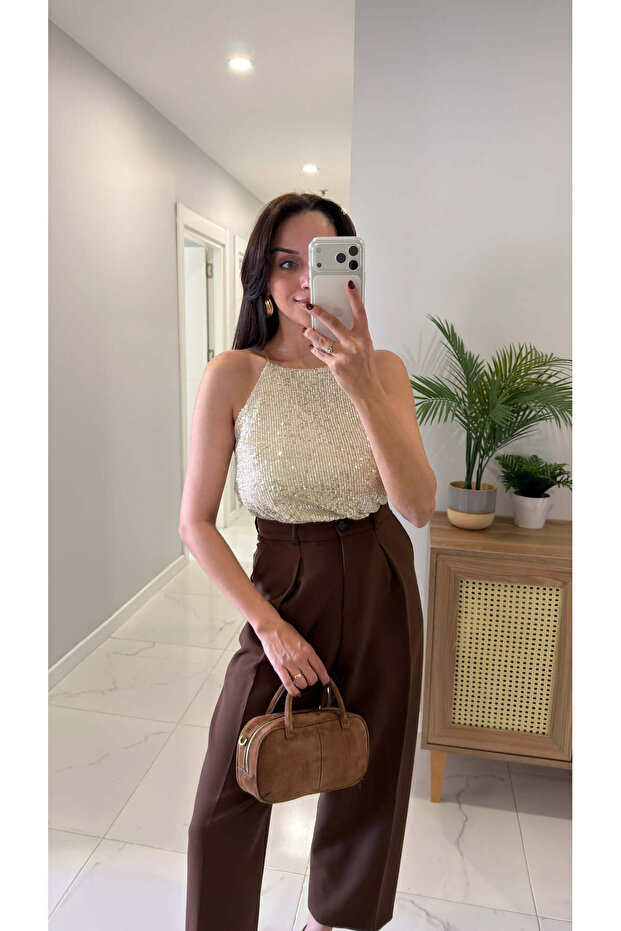 Motre Beige Strappy Sequin Blouse