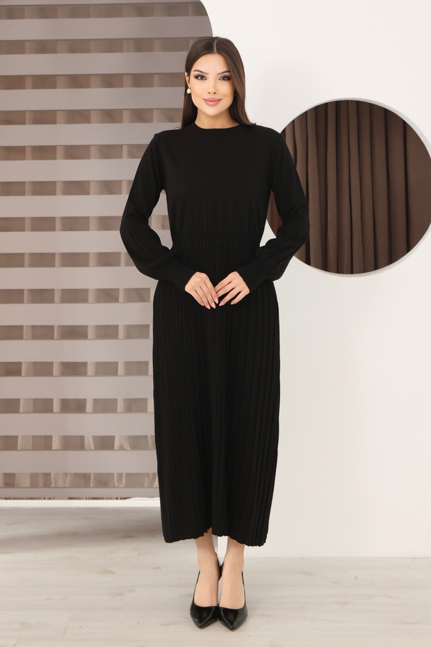 Round Neck Long Sleeve Elastic Waist Pleated Ankle Length Slim Stylish Knit Dress