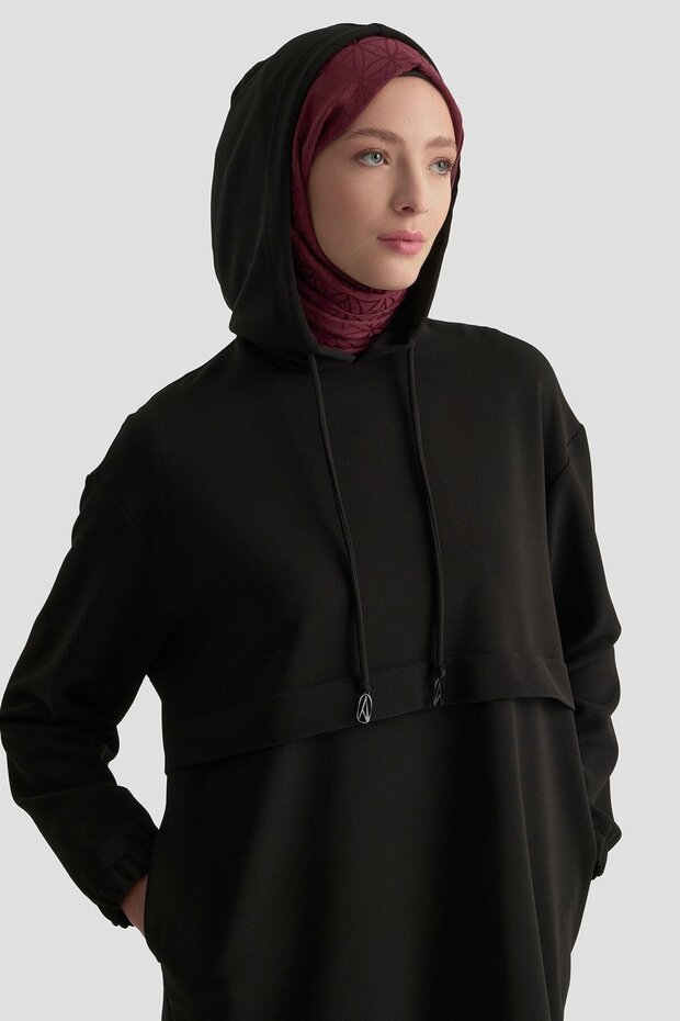 Kapüşonlu Basic Tunik - Siyah - 4