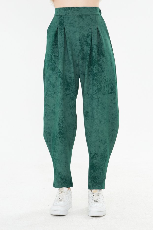 Women's Emerald Green Batik High Waist Elasticated Back Pleated Front Pocketed Narrow Leg Textured Baggy Trousers