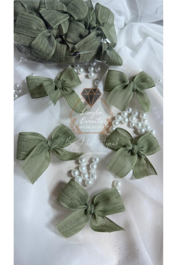 Linen Ribbon Ready-Made Bow -20 Pieces-Khaki Green