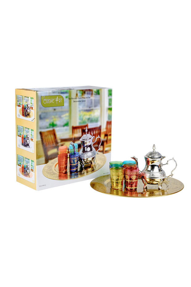 Moroccan Gold Tea Serving Tray Set with Silver Teapot & 6 Multicolor Glasses