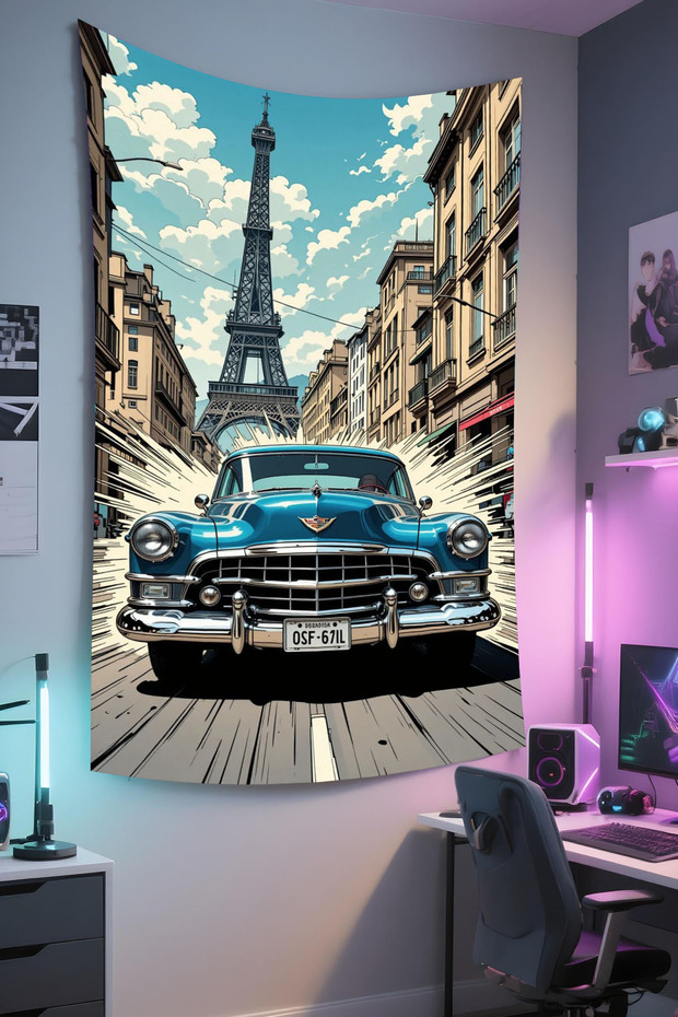 Gamer Wall Covering – Car Themed, High-Quality Fabric, Tapestry Wall Carpet