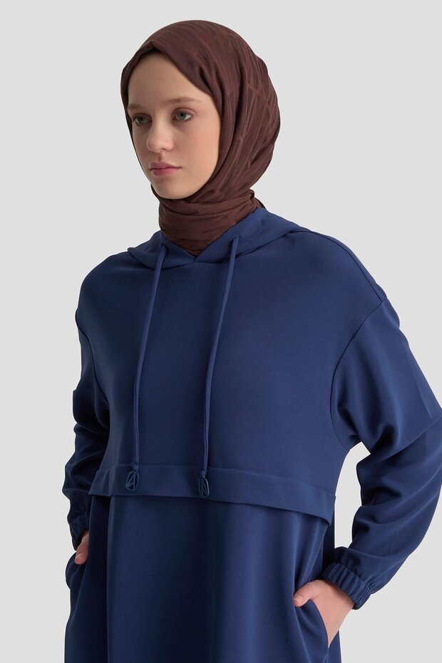 Kapüşonlu Basic Tunik - Lacivert - 4