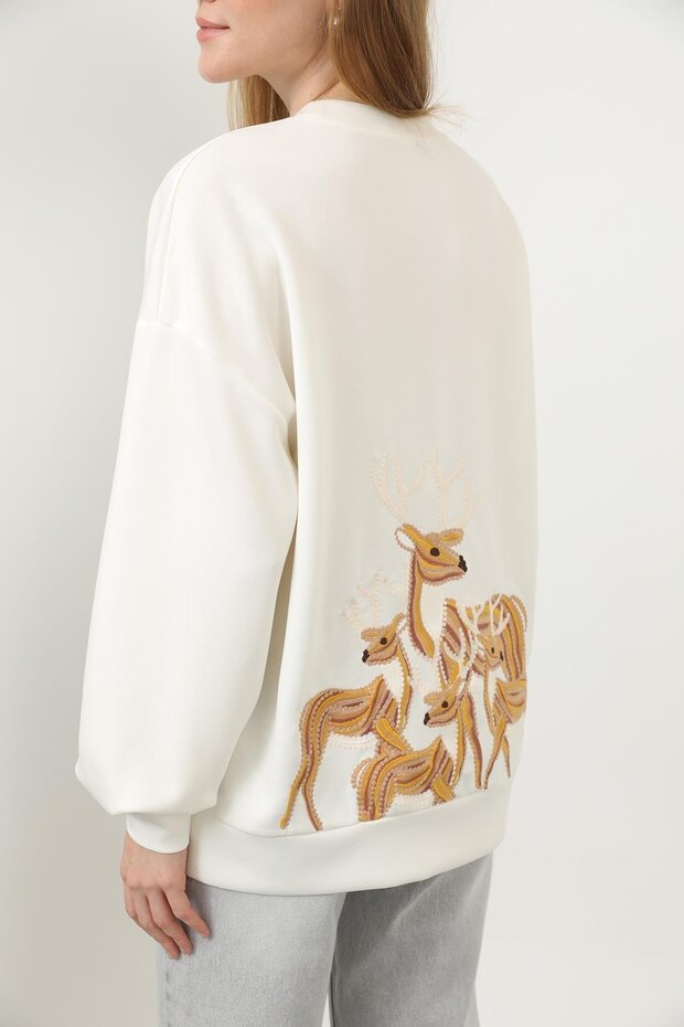 Ceylan Nakış Desenli Basic Sweat Tunik - Ekru - 2