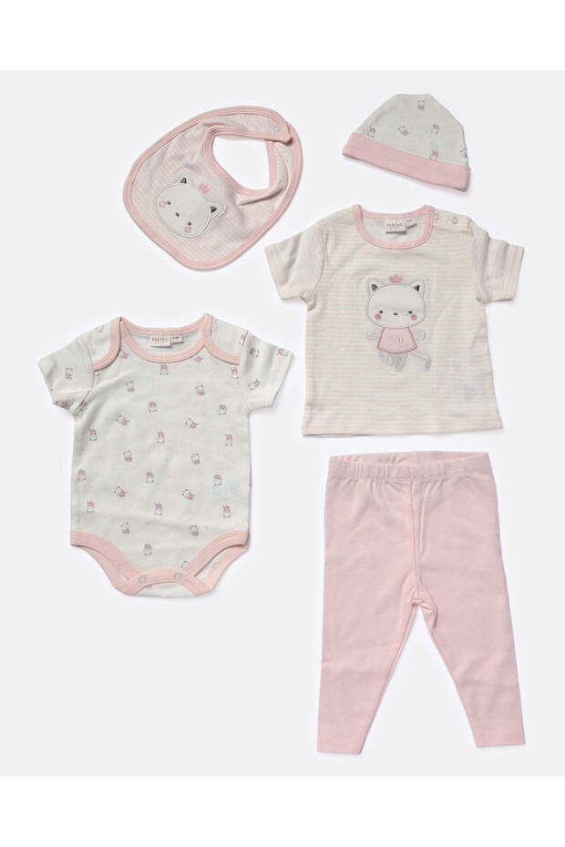 Baby Pink Set Of Grower, Bodysuit, Bib, Hat And Mittens