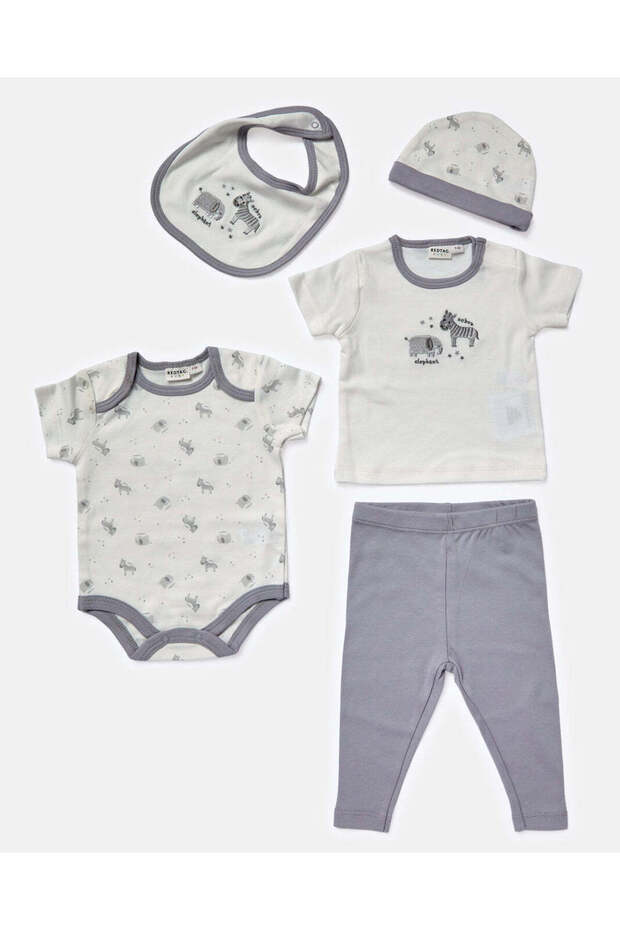Baby Grey Set Of Grower, Bodysuit, Bib, Hat And Mittens