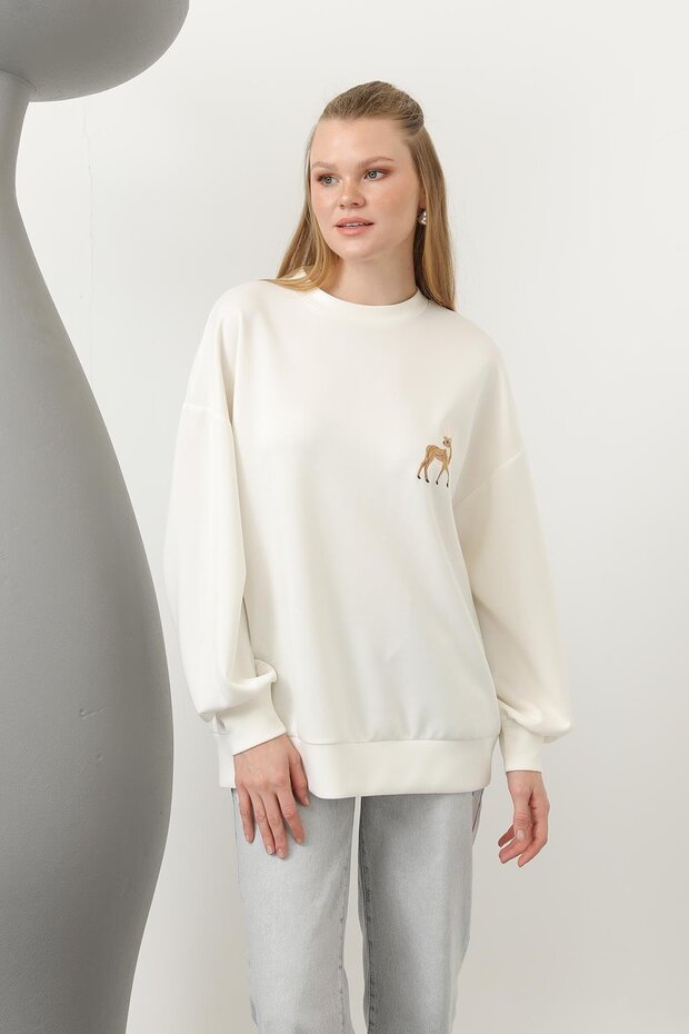 Ceylan Nakış Desenli Basic Sweat Tunik - Ekru - 1