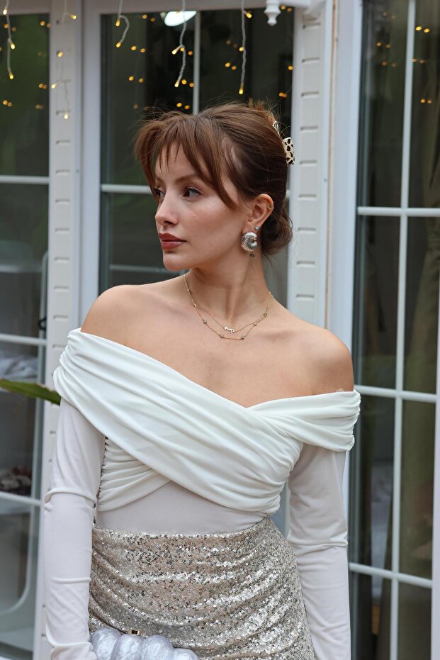 BEYAZ DRAPELİ KAYIK YAKA BLUZ - 7