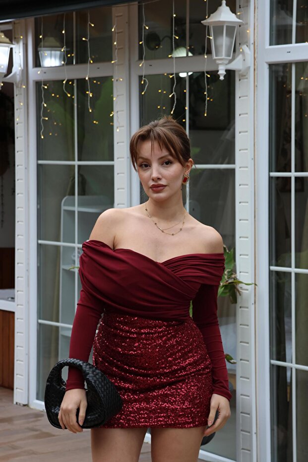 BORDO DRAPELİ KAYIK YAKA BLUZ - 6