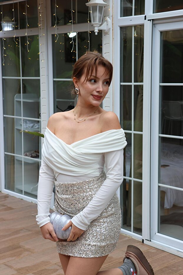 BEYAZ DRAPELİ KAYIK YAKA BLUZ - 8