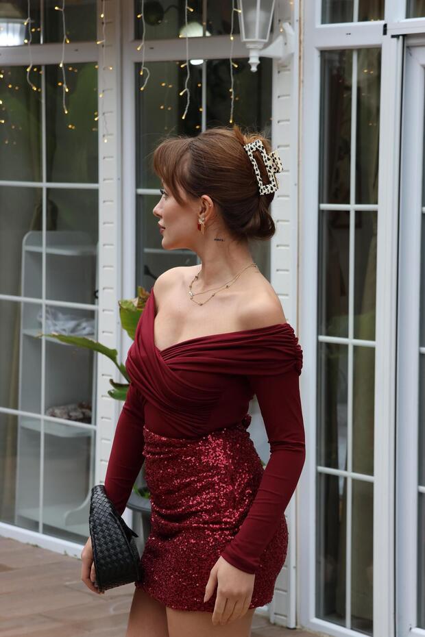 BORDO DRAPELİ KAYIK YAKA BLUZ - 5