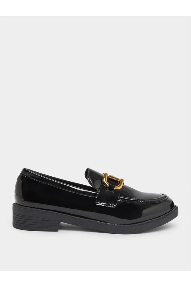 Black Metal Buckle Detail Patent Leather Loafers